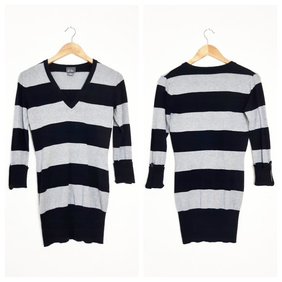 Dots Striped Tuinc Sweater Gray and Black Wide Stripe V Neck Cuffed Crop Sleeve - Picture 7 of 8